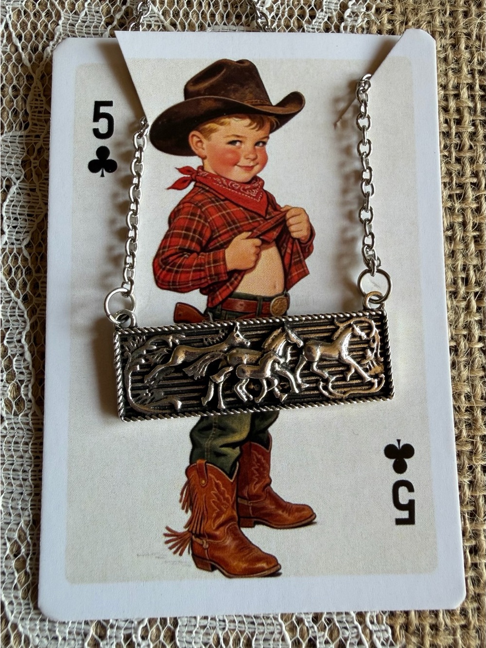 Vintage inspired Western Running Horse Bar Necklace Silver Tone Cowboy